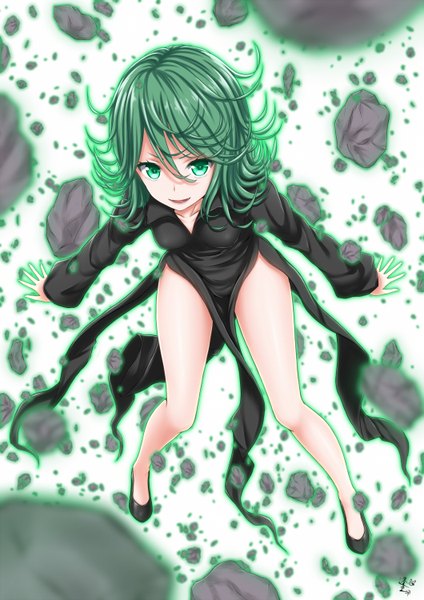 Anime picture 1060x1500 with one-punch man madhouse tatsumaki oosato haya single tall image looking at viewer fringe short hair open mouth smile hair between eyes green eyes signed full body bent knee (knees) green hair from above legs glowing