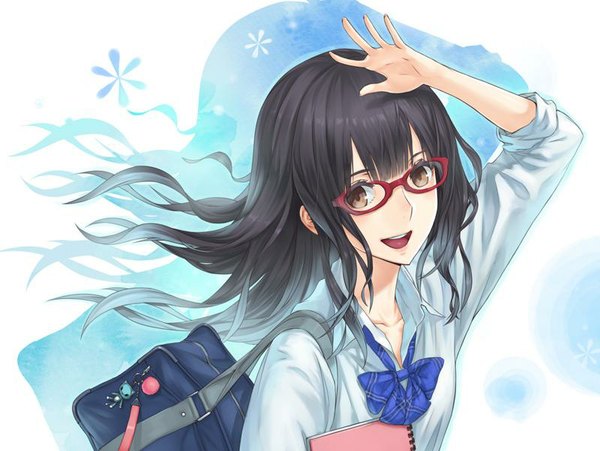 Anime picture 800x602 with original 2d (artist) single long hair looking at viewer blush fringe open mouth black hair smile white background brown eyes arm up wind portrait open collar girl uniform flower (flowers) school uniform