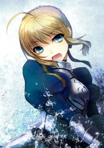 Anime picture 1000x1414 with fate/stay night studio deen artoria pendragon (all) saber reniirean (artist) single tall image fringe short hair open mouth blonde hair looking away ahoge aqua eyes girl water drop splashes armored dress