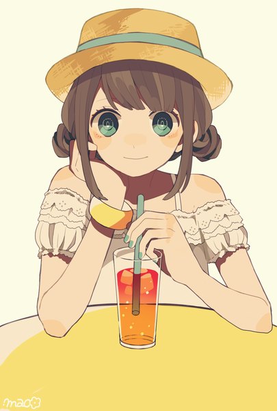 Anime picture 1181x1748 with original maco22 single tall image looking at viewer blush fringe short hair simple background smile brown hair white background bare shoulders signed nail polish aqua eyes hair bun (hair buns) aqua nail polish girl hat