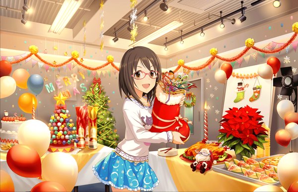 Anime picture 1280x824 with idolmaster idolmaster cinderella girls kamijou haruna single looking at viewer short hair open mouth black hair brown eyes christmas merry christmas girl skirt glasses sweets cake balloon christmas tree bauble