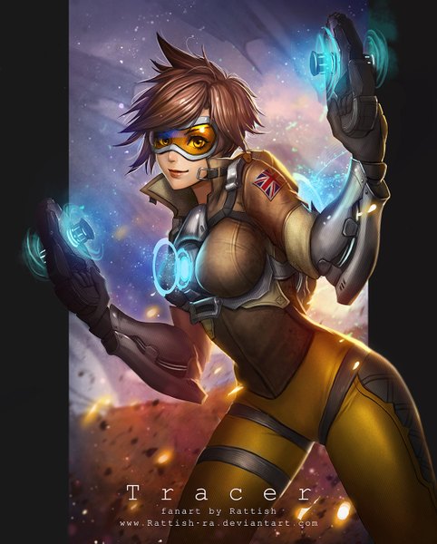 Anime picture 1100x1369 with overwatch blizzard entertainment tracer (overwatch) rattish-ra (artist) single tall image looking at viewer short hair breasts brown hair yellow eyes light smile lips girl weapon jacket gun goggles pistol