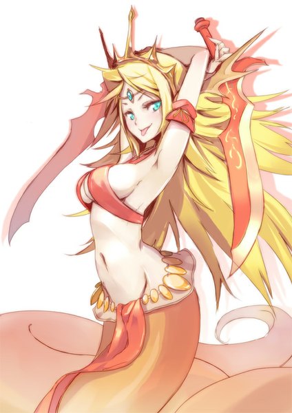 Anime picture 566x800 with puzzle & dragons echidna (p&d) hong (white spider) single long hair tall image blush breasts light erotic simple background blonde hair smile white background tail aqua eyes armpit (armpits) snake tail lamia girl navel
