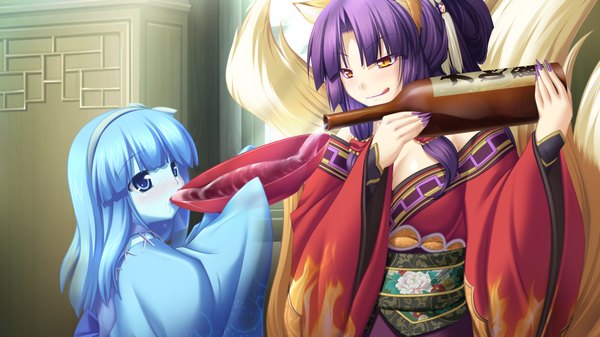 Anime picture 1024x576 with kamidori alchemy meister long hair blue eyes wide image multiple girls blue hair game cg purple hair orange eyes fox ears fox tail fox girl girl 2 girls alcohol sake sakazuki