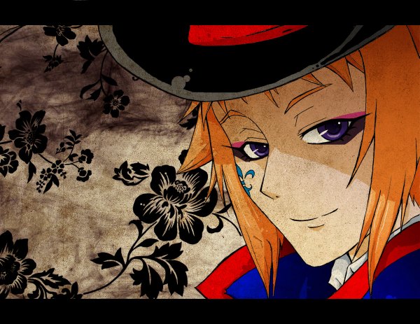 Anime picture 1200x926 with kuroshitsuji a-1 pictures drocell cainz roxiee-chan (artist) single short hair smile purple eyes orange hair tattoo portrait boy hat top hat