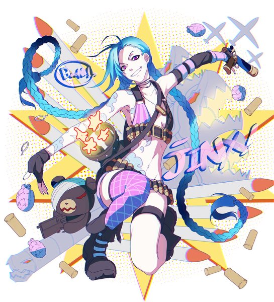 Anime picture 1000x1101 with league of legends jinx (league of legends) meer rowe single tall image looking at viewer breasts smile sitting purple eyes bare shoulders blue hair braid (braids) very long hair bare belly tattoo character names twin braids grin spread arms