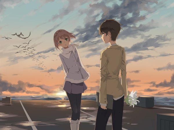 Anime picture 2362x1771 with aldnoah.zero a-1 pictures asseylum vers allusia kaizuka inaho huanxiang heitu looking at viewer blush highres short hair brown hair green eyes sky cloud (clouds) evening sunset hands behind back girl boy skirt flower (flowers)