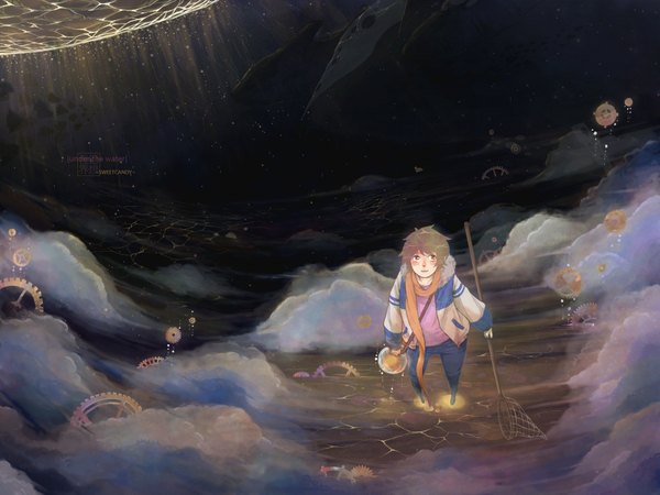 Anime picture 2000x1500 with original amurasaki (artist) single blush highres short hair brown hair cloud (clouds) sunlight underwater fantasy scenic girl water jacket scarf pants bubble (bubbles) t-shirt bottle