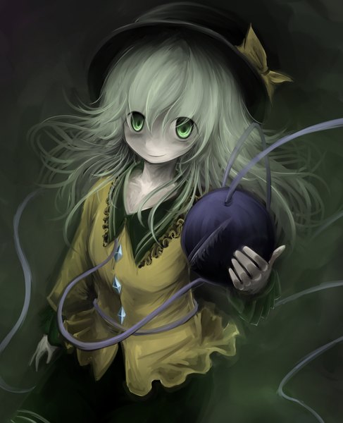 Anime picture 1204x1484 with touhou komeiji koishi momen102 (sji09u) long hair tall image looking at viewer smile green eyes green hair dark background girl dress hat eyeball