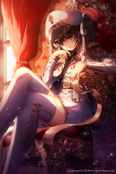 Anime picture 1500x2250 with unleashed black joa single long hair tall image black hair sitting brown eyes crossed legs girl thighhighs ribbon (ribbons) hair ribbon white thighhighs peaked cap