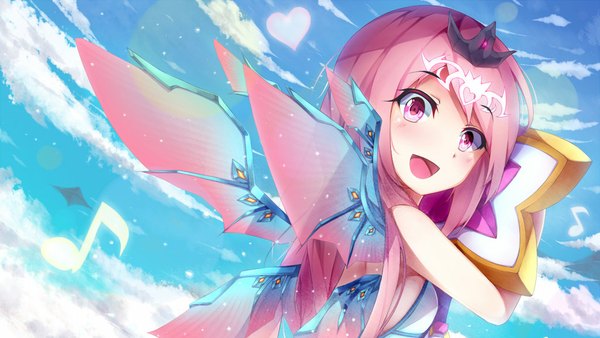 Anime picture 1024x578 with elsword aisha landar dmith (baguscasbon) single long hair blush open mouth smile wide image pink hair sky cloud (clouds) pink eyes girl hair ornament wings heart musical note