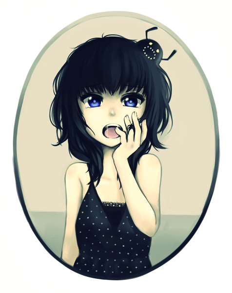 Anime picture 1120x1412 with original yami shoujo pas (paxiti) single long hair tall image looking at viewer open mouth blue eyes black hair grey background portrait transparent background saliva girl dress black dress sundress