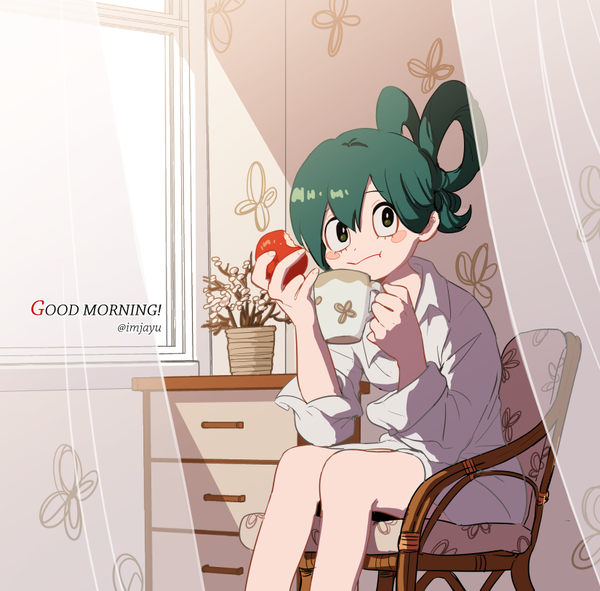 Anime picture 825x813 with boku no hero academia studio bones asui tsuyu imjayu single looking at viewer fringe short hair hair between eyes sitting signed green hair black eyes twitter username text alternate hairstyle english hair up blush stickers girl