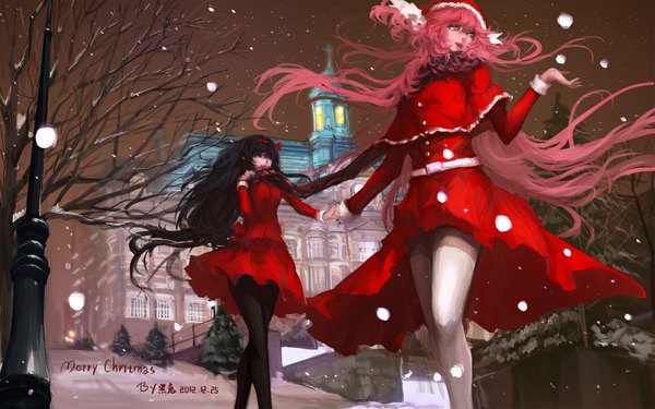 Anime picture 1152x720 with mahou shoujo madoka magica shaft (studio) pixiv akemi homura kaname madoka blackrabbitsoul long hair black hair smile wide image multiple girls signed pink hair holding hands snowing christmas winter snow merry christmas girl