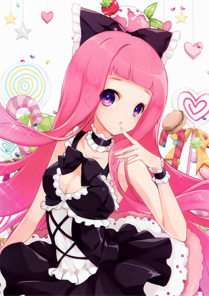 Anime picture 1948x2755 with juna single tall image looking at viewer highres purple eyes pink hair blunt bangs very long hair scan finger to mouth girl dress bow hair bow food frills sweets cookie (cookies) macaron