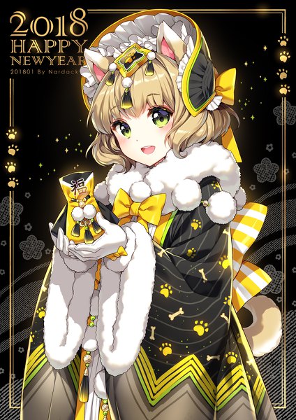 Anime picture 848x1200 with original nardack single tall image short hair open mouth blonde hair holding green eyes signed animal ears tail animal tail fur trim new year dog ears paw print happy new year dog tail dog girl