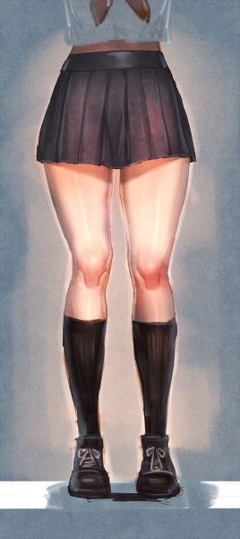 Anime picture 536x1200 with original bow (bhp) single tall image simple background pleated skirt legs headless girl skirt uniform school uniform socks boots black socks knee socks