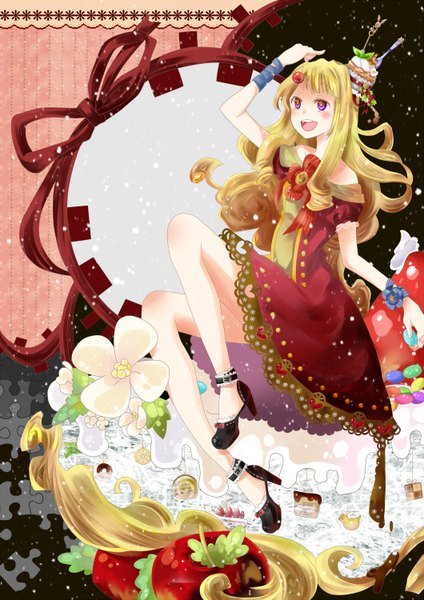 Anime picture 1060x1500 with original tomoshibi (vdn) single long hair tall image blush open mouth blonde hair purple eyes girl dress flower (flowers) food shoes sweets fruit apple