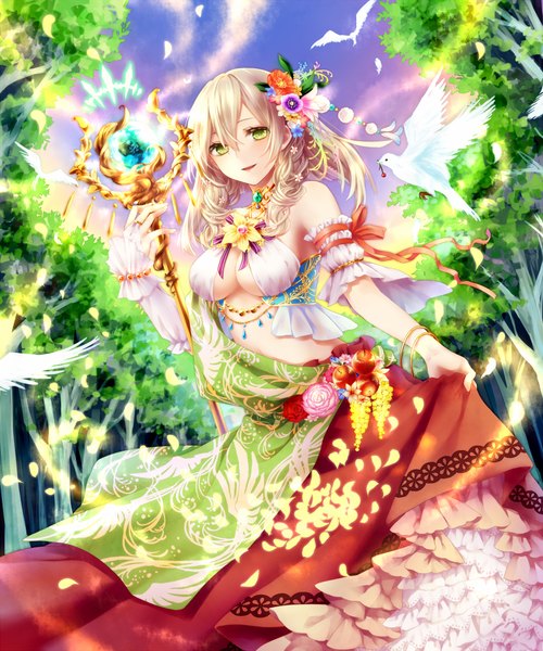 Anime picture 800x960 with kamigoku no valhalla gate haruta (pixiv 1088207) long hair tall image looking at viewer blush fringe breasts blonde hair smile bare shoulders green eyes sky outdoors braid (braids) long sleeves hair flower sunlight from below short sleeves