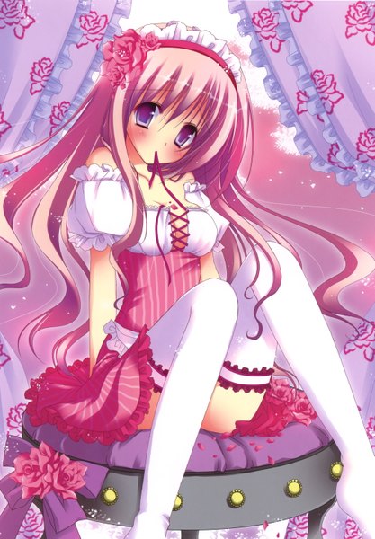 Anime picture 2094x3011 with natsuki coco long hair tall image highres purple eyes holding pink hair hair flower mouth hold ribbon in mouth girl thighhighs hair ornament petals white thighhighs