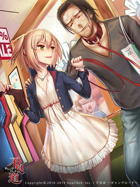 Anime picture 750x1000 with furyou michi ~gang road~ remana tall image blush short hair open mouth blonde hair brown hair green eyes signed eyes closed open clothes open jacket hieroglyph pointing bandaid on face bandaid on nose nosebleed girl dress