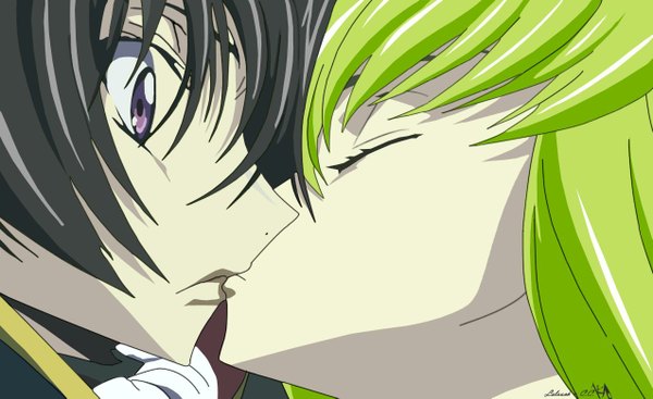 Anime picture 1274x781 with code geass sunrise (studio) c.c. lelouch lamperouge long hair fringe short hair black hair wide image purple eyes eyes closed green hair couple face to face kiss girl boy cloak neckerchief