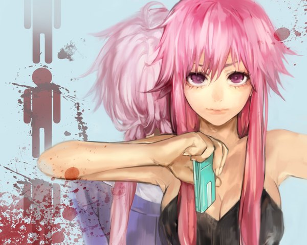 Anime picture 1500x1200 with mirai nikki gasai yuno tcb (pixiv) single long hair looking at viewer fringe breasts pink hair cleavage pink eyes fingernails light smile alternate costume reflection long fingernails different reflection girl blood phone