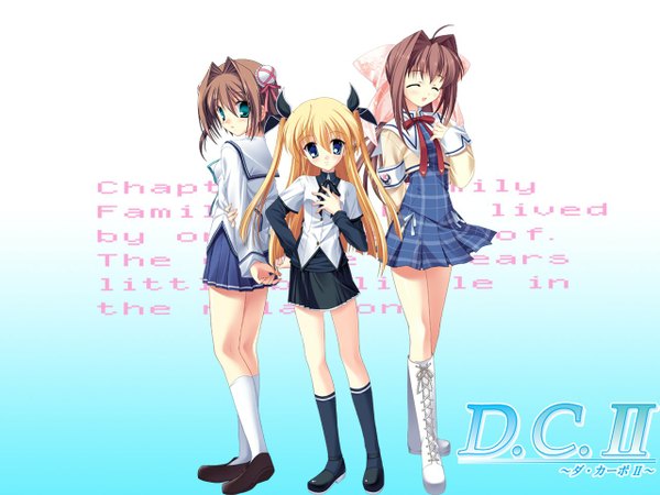 Anime picture 1280x960 with da capo da capo ii asakura yume asakura otome yoshino sakura tanihara natsuki long hair short hair open mouth blue eyes blonde hair brown hair standing multiple girls full body ahoge eyes closed :d pleated skirt aqua eyes