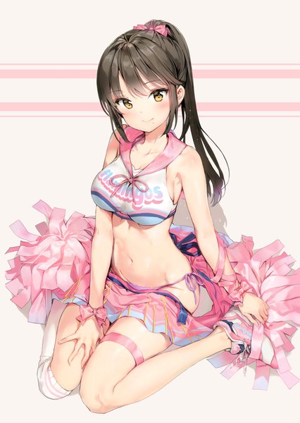 Anime picture 2777x3915 with original anmi single long hair tall image looking at viewer blush fringe highres breasts light erotic black hair large breasts sitting brown eyes payot ponytail head tilt mole hand on hip
