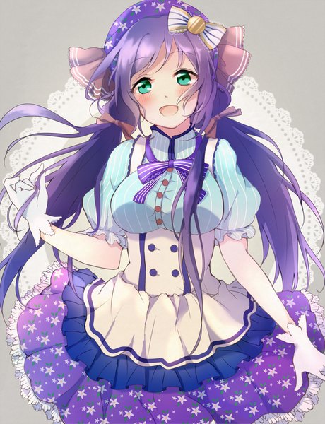 Anime picture 800x1043 with love live! school idol project sunrise (studio) love live! toujou nozomi satoimo chika single long hair tall image looking at viewer fringe open mouth standing twintails green eyes purple hair grey background low twintails star print girl dress