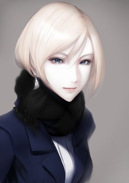 Anime picture 566x800 with original erise single tall image looking at viewer short hair blue eyes white hair lips realistic grey background girl earrings scarf