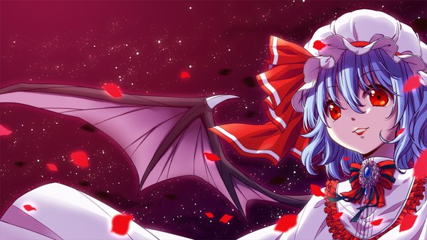 Anime picture 1600x900 with touhou remilia scarlet yui (daijun) single short hair red eyes wide image blue hair girl dress petals wings bonnet