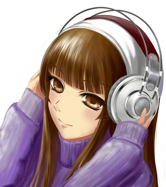 Anime picture 1000x1127 with original jymjymjym single long hair tall image simple background brown hair white background brown eyes girl headphones
