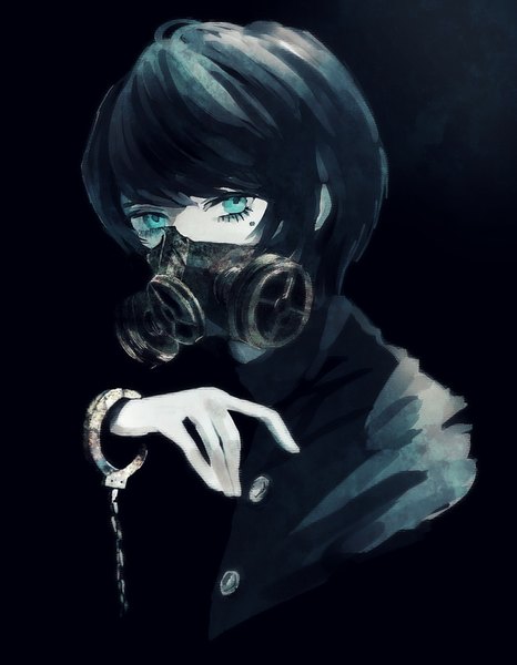 Anime picture 700x900 with original yumeno yume single tall image looking at viewer fringe short hair blue eyes black hair simple background mole mole under eye black background girl hand handcuffs respirator