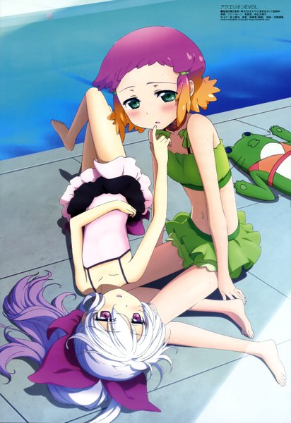 Anime picture 4084x5938 with aquarion (series) aquarion evol megami magazine satelight yunoha thrul crea dorosera jimmy stone long hair tall image blush highres short hair purple eyes multiple girls green eyes absurdres multicolored hair official art loli finger to mouth