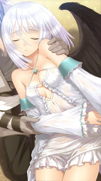 Anime picture 3493x6230 with shining (series) shining ark panis angelicus fried karim tony taka tall image highres short hair bare shoulders absurdres white hair eyes closed scan solo focus girl dress detached sleeves wings