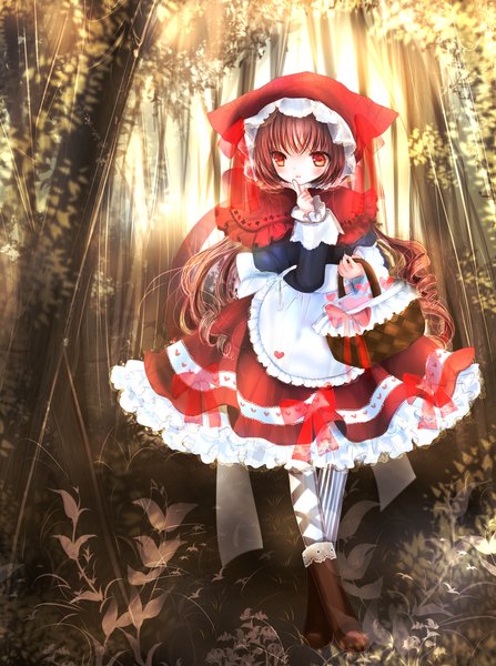 Anime picture 1500x2013 with little red riding hood little red riding hood (character) himemurasaki single long hair tall image blush red eyes brown hair drill hair girl dress bow plant (plants) tree (trees) basket