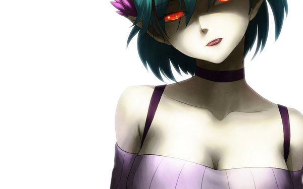 Anime picture 1920x1200 with c: the money of soul and possibility control q (control) single highres short hair simple background red eyes wide image white background bare shoulders green hair pointy ears :p girl tongue