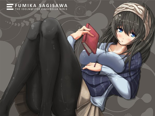 Anime picture 1154x864 with idolmaster idolmaster cinderella girls sagisawa fumika origin (fefnir nightload) single long hair blush breasts blue eyes light erotic black hair large breasts girl dress pantyhose hairband book (books)