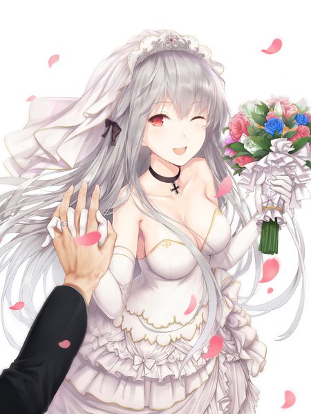 Anime picture 2000x2666 with girls frontline kar98k (girls frontline) twintails isshou tsui long hair tall image looking at viewer blush fringe highres breasts open mouth light erotic simple background smile red eyes white background bare shoulders holding one eye closed grey hair