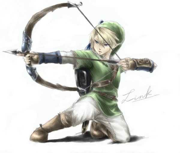 Anime picture 1000x849 with the legend of zelda link arumu single short hair open mouth blue eyes blonde hair simple background white background signed pointy ears elf archery boy bow (weapon) arrow (arrows)