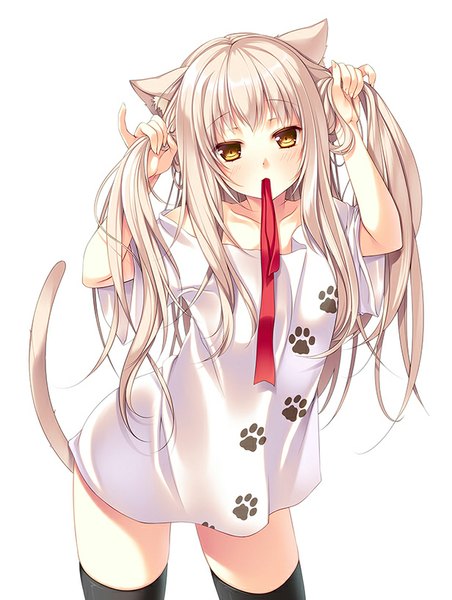 Anime picture 616x818 with original cocoa (cafe-hotcocoa) single long hair tall image looking at viewer blush fringe blonde hair simple background standing white background twintails bare shoulders animal ears yellow eyes tail animal tail cat ears cat girl