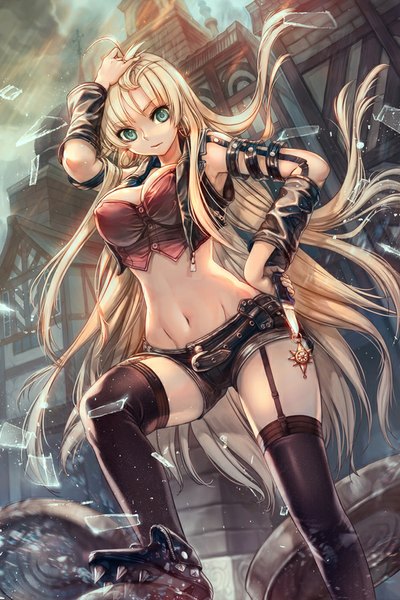 Anime picture 600x900 with sword girls helena k sink dawkinsia single tall image looking at viewer breasts light erotic blonde hair large breasts green eyes very long hair blurry midriff depth of field hand on hip groin adjusting hair hand on head broken glass