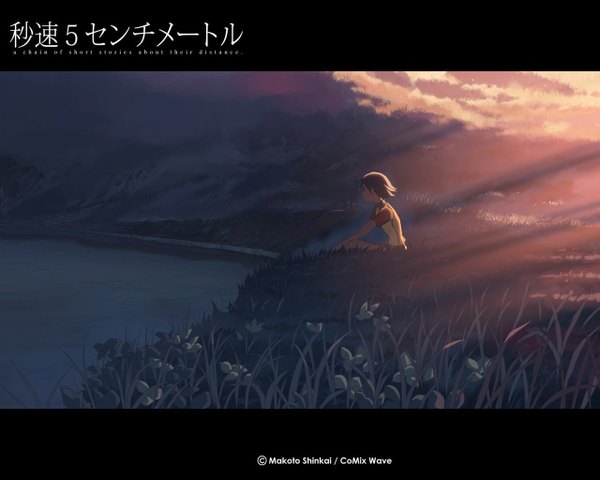 Anime picture 1280x1024 with 5 centimeters per second sumida kanae shinkai makoto single short hair brown hair sitting sky cloud (clouds) profile sunlight dark skin evening sunset girl plant (plants) water grass