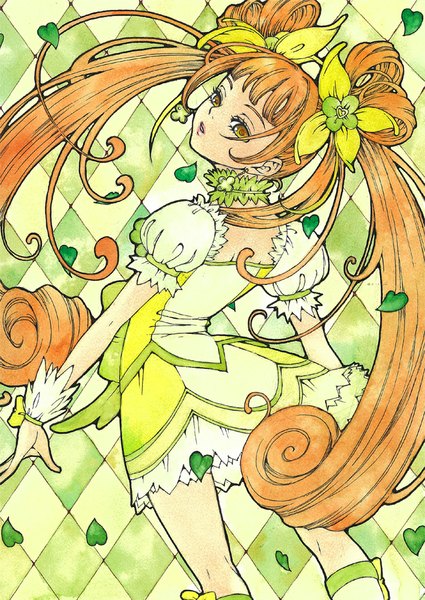 Anime picture 738x1042 with precure dokidoki! precure toei animation yotsuba alice cure rosetta sayococco single long hair tall image fringe twintails looking away from behind orange hair hair bun (hair buns) orange eyes puffy sleeves magical girl traditional media rhombus