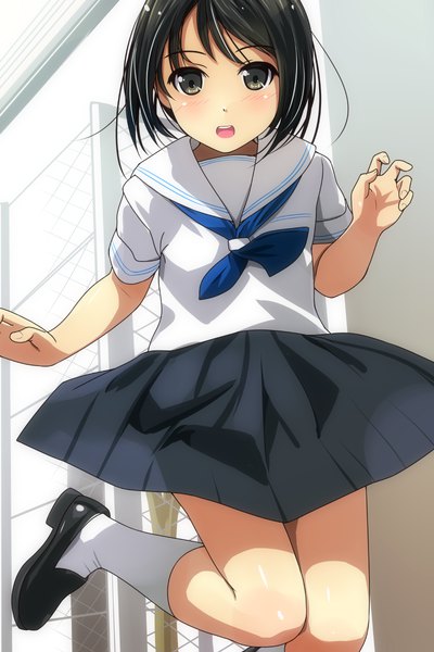 Anime picture 800x1200 with original matsunaga kouyou single tall image looking at viewer blush short hair open mouth black hair brown eyes jumping girl skirt uniform socks serafuku white socks