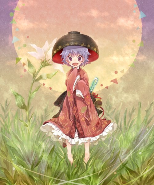Anime picture 835x1000 with touhou sukuna shinmyoumaru toropp (artist) single tall image looking at viewer short hair open mouth purple eyes purple hair traditional clothes :d japanese clothes minigirl girl flower (flowers) plant (plants) hat kimono grass