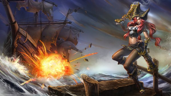 Anime picture 1920x1080 with league of legends miss fortune (league of legends) single long hair fringe highres blue eyes wide image red hair hair over one eye midriff smoke destruction pirate girl navel weapon water sea gun