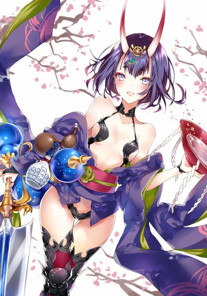 Anime picture 683x975 with fate (series) fate/grand order shuten douji (fate) kinokohime single tall image looking at viewer blush fringe short hair breasts open mouth light erotic purple eyes bare shoulders purple hair traditional clothes :d japanese clothes horn (horns)