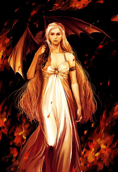 Anime picture 700x1019 with a song of ice and fire daenerys targaryen drogon reine (artist) single long hair tall image looking at viewer red eyes bare shoulders white hair realistic wavy hair fantasy albino dress white dress dragon flame